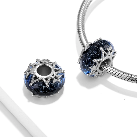 925 Sterling Silver Murano Glass Bead Deep Blue Starry Sky Pattern Star Charm For Bracelet Necklace DIY Jewelry Making