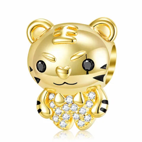 925 Sterling Silber Vergoldet Tiger Charm Perle Mit Zirkonia Funkelnd Cartoon Tier DIY Schmuckherstellung Zubehör Für Armband Damen