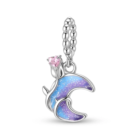 S925 Sterling Silver Starry Sky Moon Charm With Pink Heart Rhinestone Enamel Pendant For DIY Bracelet Jewelry Making Women