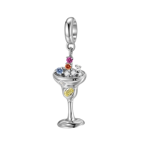 Charm Pendentif en Argent Sterling 925 Forme de Verre à Cocktail Champagne de Minuit Avec Zirconia Multicolore Accessoires de Bijoux DIY pour Femmes
