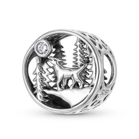 925 Sterling Silver Forest Wolf Hollow Bead Charm For DIY Bracelet Jewelry Women Rhinestone Embellished Oxidized Silver Charm