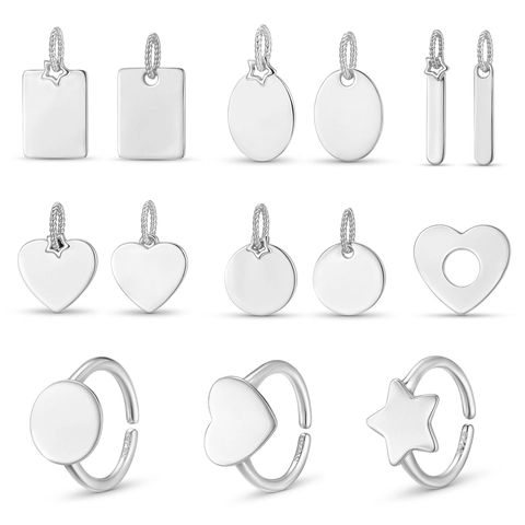 925 Sterling Silver Minimalist Pendant Charm Open Ring Mirror Polish Engravable Heart Star Round Geometric DIY Accessory