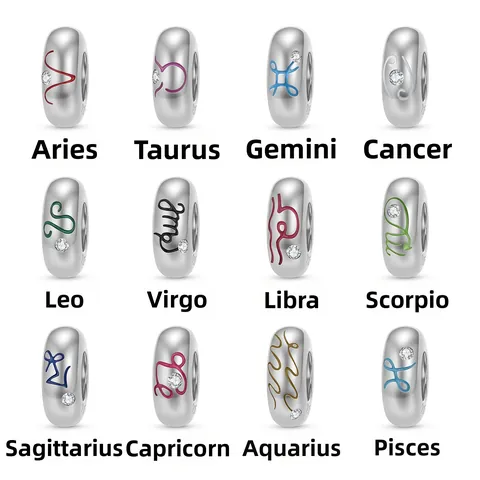925 Sterling Silver Twelve Constellations Zodiac Charms Beads With Enamel Symbols Rhinestone DIY Jewelry Making Bracelet Accessories