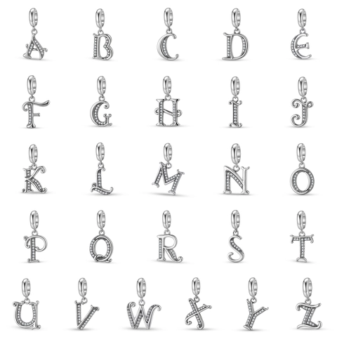 Vintage 925 Sterling Silver Initial Letter Pendant Rhinestone Inlaid Alphabet Charm For DIY Jewelry Bracelet Necklace Making Women