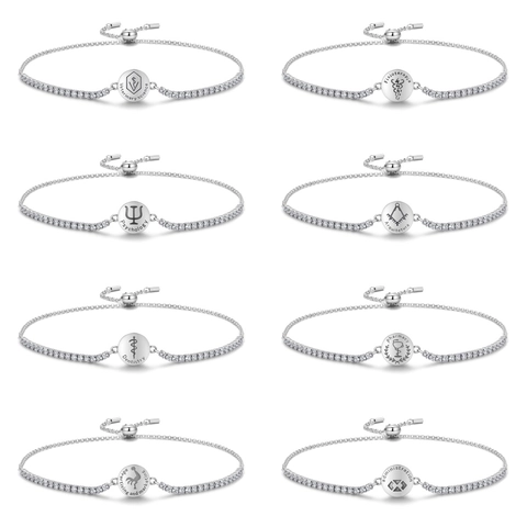 925 Sterling Silver Professional Symbol Bolo Bracelet For Women Adjustable Rhinestone Tennis Chain Round Plate Jewelry