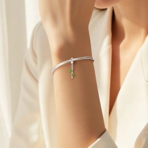 925 Sterling Silver Bamboo Joint Pendant With Green Enamel Leaf Charm For DIY Jewelry Bracelet Making Accessories
