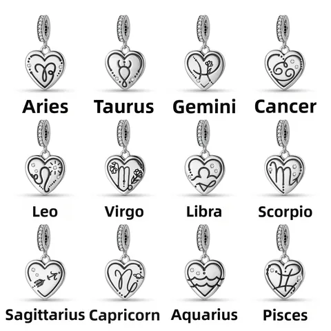 S925 Sterling Silver Heart Twelve Zodiac Pendant Inlaid Zirconia Fashion DIY Jewelry Charm For Bracelet Necklace