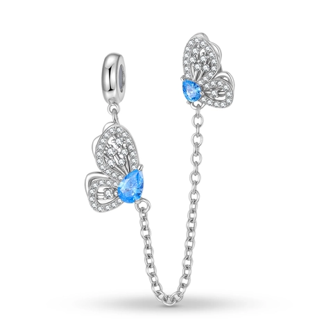 925 Sterling Silver Butterfly Safety Chain Charm With Blue Zircon Elegant Bracelet Accessory For Women Jewelry Making DIY