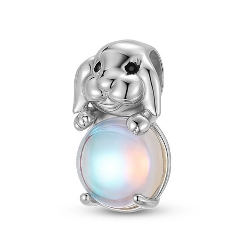 925 Sterling Silver Cute Rabbit Charm With Iridescent Moonstone Inlaid Animal Bead For DIY Bracelet Jewelry Making Women