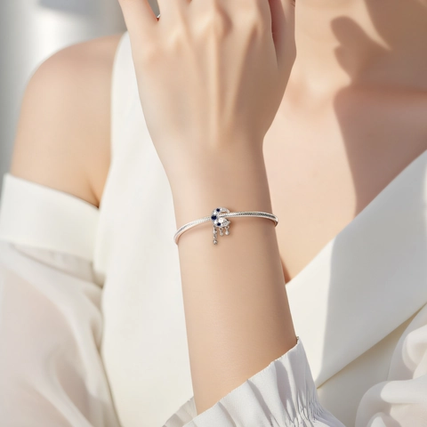 Vintage 925 Sterlingsilber Mond Stern Künstliche Perle Charm Mit Blau Weiß Zirkonia Für DIY Schlangenarmband Damen Schmuck