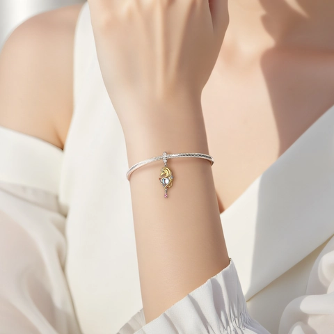 925 Sterling Silver Seahorse Charm Pendant With Moonstone Look Bead Two Tone Gold Plated Zirconia DIY Jewelry For Women