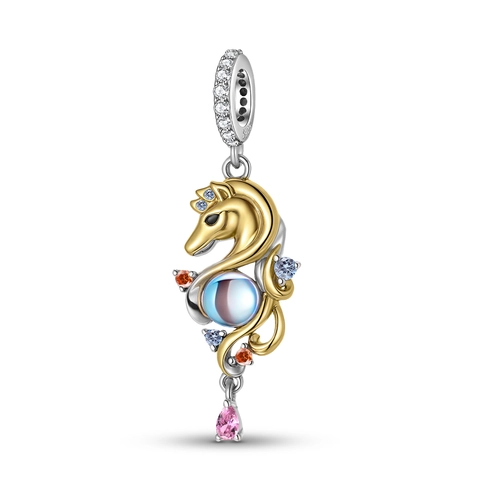 925 Sterling Silver Seahorse Charm Pendant With Moonstone Look Bead Two Tone Gold Plated Zirconia DIY Jewelry For Women