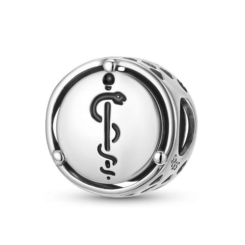 925 Sterling Silver Rod Of Asclepius Charm Bead Medical Symbol Relief Openwork Heart Pendant For Bracelet Women Jewelry