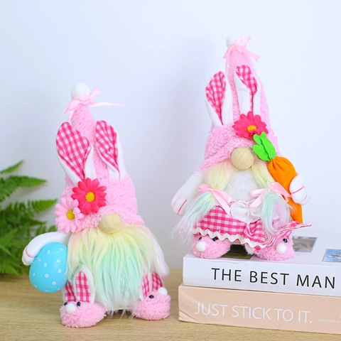 Paashaas Kabouter Pluche Met LED Licht Roze Konijnenoren Met Ei Wortel Gezichtsloze Pop Lente Huis Feest Decoratie