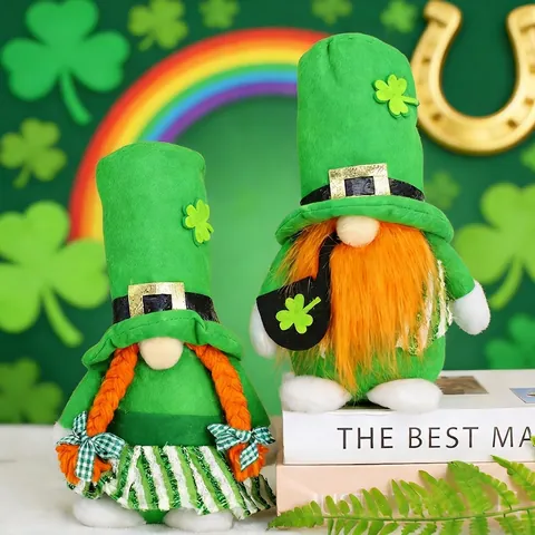 St Patrick's Day Gnome Plush Decoration Green Irish Clover Lucky Dwarf Doll Handmade Home Table Ornament Seasonal Party Gift