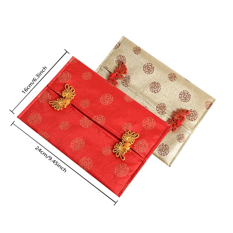 Chinese Style Brocade Tissue Box Cover Red Gold Polyester Fabric With Frog Fastener Traditional Pattern For Home Decor