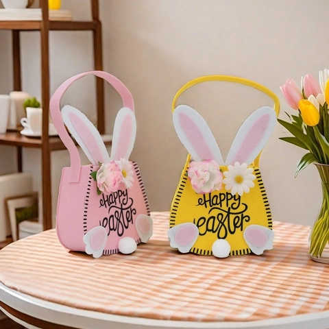 Borsa Regalo in Feltro a Forma di Coniglio di Pasqua Con Orecchie di Coniglio Decorazioni Floreali Cesto per Bambini