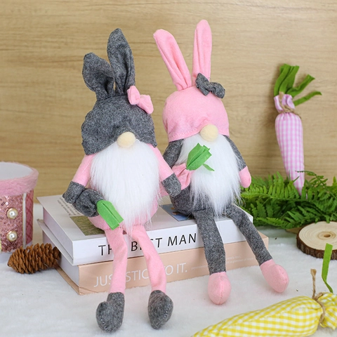 Gnomo di Pasqua Creativo Bambola Senza Volto Orecchie Lunghe Gambe Lunghe Rosa Grigio Peluche Ornamento Decorazione Pasquale Casa