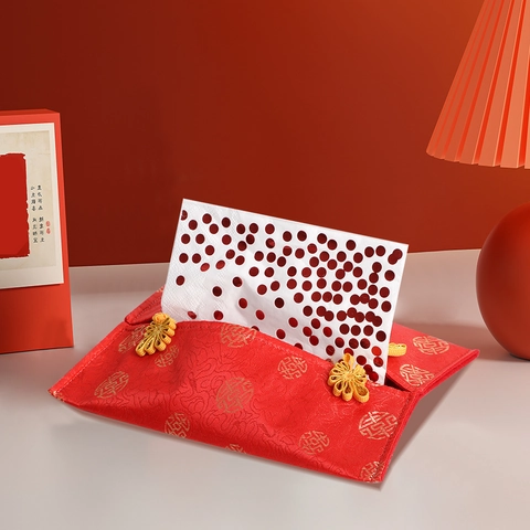 Chinese Style Brocade Tissue Box Cover Red Gold Polyester Fabric With Frog Fastener Traditional Pattern For Home Decor