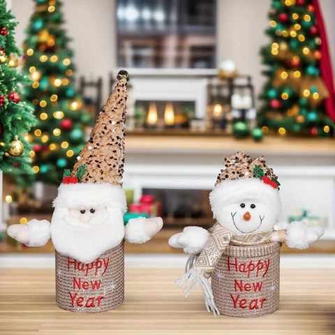 Tarro de Almacenamiento de Navidad con Lentejuelas Papá Noel Muñeco de Nieve Tela Adorno Festivo de Año Nuevo Muñeca de Peluche