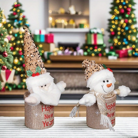 Tarro de Almacenamiento de Navidad con Lentejuelas Papá Noel Muñeco de Nieve Tela Adorno Festivo de Año Nuevo Muñeca de Peluche
