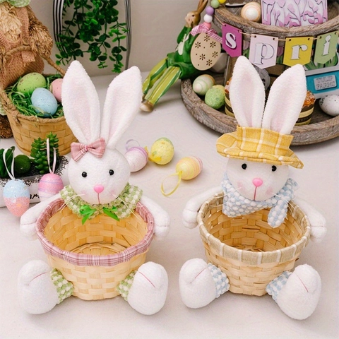 Easter Bunny Plush Doll Woven Storage Basket Cute Cartoon Rabbit Candy Egg Basket For Festival Party Home Decoration Gift