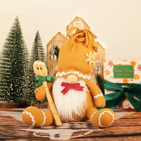 Gingerbread Man Christmas Gnome Plush Doll Knitted Rudolf Sitting Figurine With Wooden Spoon Home Festive Table Ornament Holiday Gift