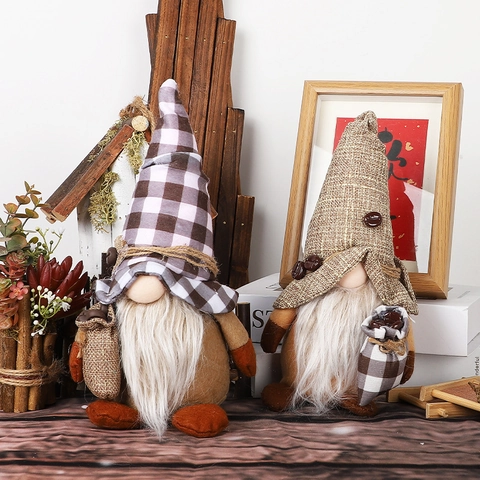 Handgefertigte Kaffee Zwerg Plüsch Gesichtsloser Rudolph Ornament Mit Karomuster Hut Und Kaffeebohnen Dekorationen Für Home Küche