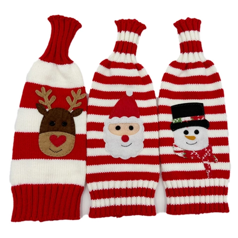 Christmas Knitted Striped Wine Bottle Cover Santa Reindeer Snowman Pattern Festive Party Table Decor Gift Bottle Sleeve