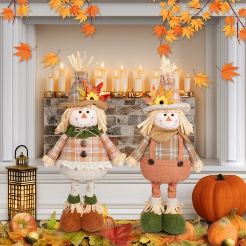 Thanksgiving Herfst Vogelverschrikker Pop Decoratie Zonnebloem Esdoornblad Geruite Stof Staand Beeldje Oogstseizoen Huis Ornament