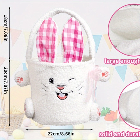 Easter Bunny Plush Basket Gift Bag For Kids Cute Rabbit Storage Bag With Gingham Ears Festive Party Decoration Gift Bag