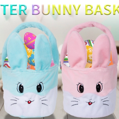 Easter Bunny Plush Basket Gift Bag For Kids Cartoon Rabbit Face Embroidery Candy Bag Party Decoration Gift Packing