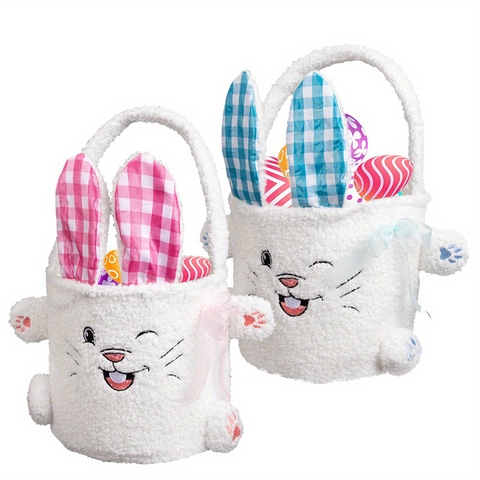 Easter Bunny Plush Basket Gift Bag For Kids Cute Rabbit Storage Bag With Gingham Ears Festive Party Decoration Gift Bag