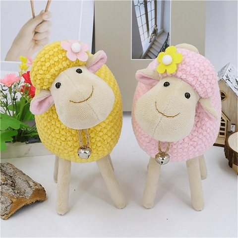 Handgemaakte Gehaakte Lam Schaap Ornament Schattige Boucle Pluche Dier Figuur Met Houten Poten Woondecoratie Accessoires Cadeau