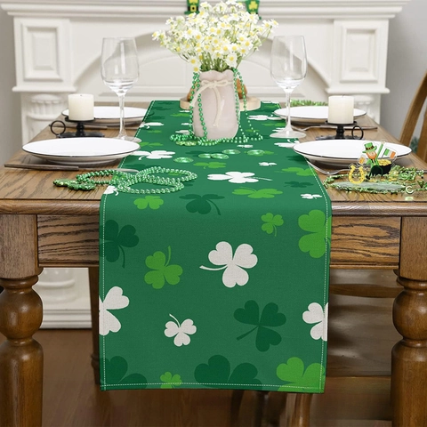St Patricks Day Grün Kleeblatt Tischläufer Irisch Glücksklee Hitzebeständig Fleckenabweisend Festlich Zuhause Tischdeko