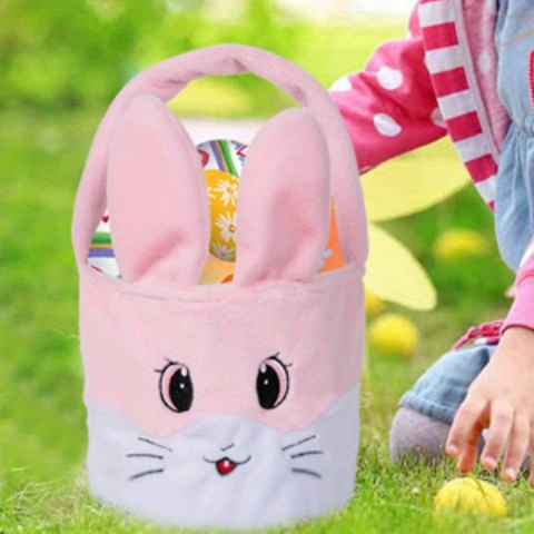 Easter Bunny Plush Basket Gift Bag For Kids Cartoon Rabbit Face Embroidery Candy Bag Party Decoration Gift Packing