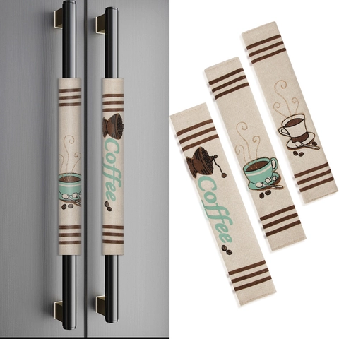 Cubiertas de Manija de Refrigerador de Algodón Lino Tema Café Decoración Protectora para Electrodomésticos de Cocina Microondas Horno Beige