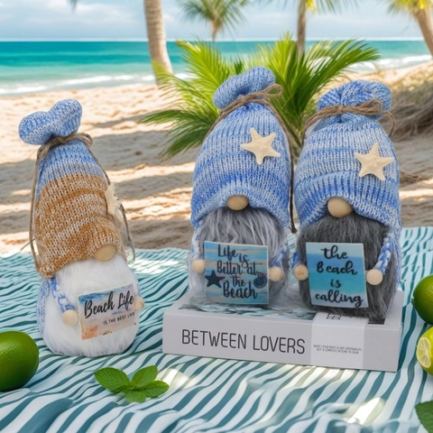 Muñeco de Peluche de Gnomo Sin Rostro con Temática de Playa Gorro de Punto con Estrella de Mar y Letrero de Madera Adorno Decorativo de Gnomo para Fiesta de Verano