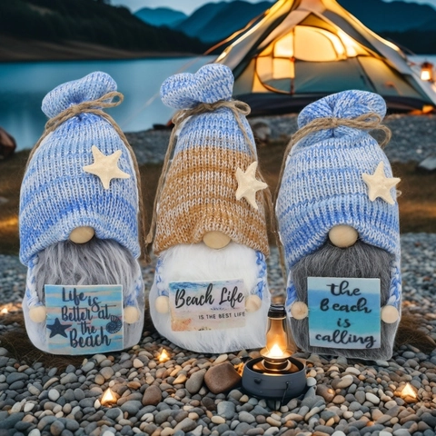 Meeres Thema Strand Gnom Gesichtslose Puppe Ornament Mit Gestrickter Streifenmütze Seestern Für Sommer Haus Party Dekoration