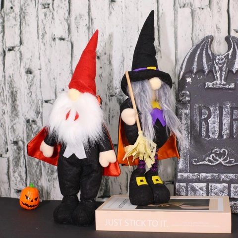 Gnome d'Halloween Poupée sans Visage en Peluche Style Vampire Sorcière Avec Balai Décoration de Table de Fête