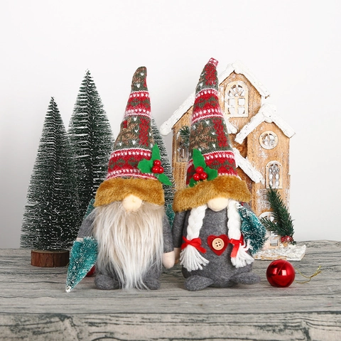 Gnomo di Natale in Peluche Grigio Bambola Senza Volto Cappello in Maglia Fiocco di Neve Decorazione Natalizia per Casa