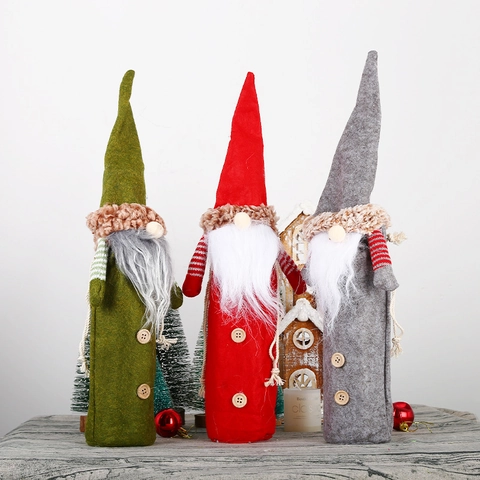 Christmas Gnome Wine Bottle Cover Festive Tomte Wine Decor With Long Beard Wooden Button For Holiday Party Table Decor