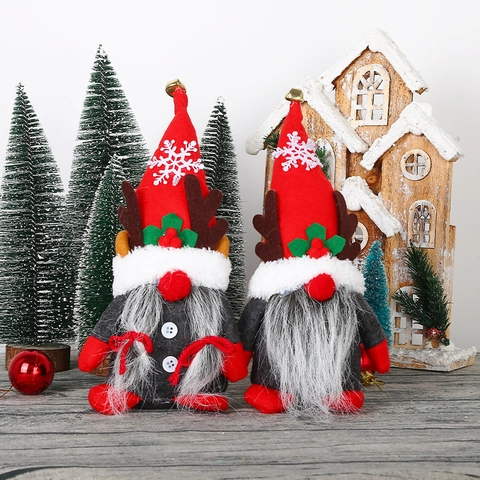 Gnomo De Navidad De Peluche Con Astas De Reno Rojo Gris Muñeca Sin Rostro Copo De Nieve Nordic Tomte Decoración Hogar