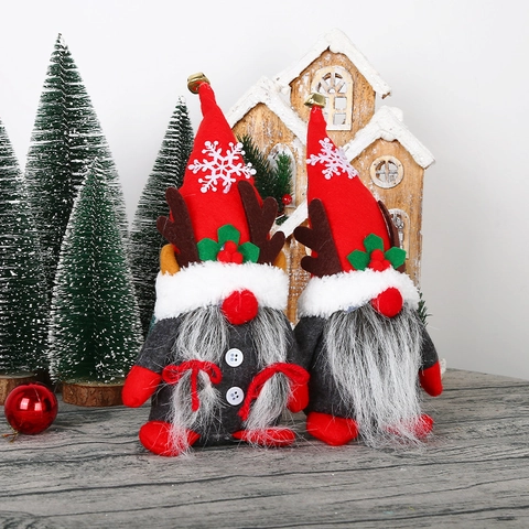 Gnomo De Navidad De Peluche Con Astas De Reno Rojo Gris Muñeca Sin Rostro Copo De Nieve Nordic Tomte Decoración Hogar