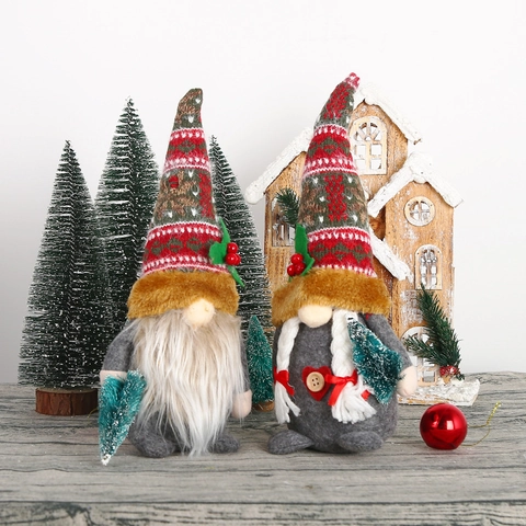 Gnomo di Natale in Peluche Grigio Bambola Senza Volto Cappello in Maglia Fiocco di Neve Decorazione Natalizia per Casa