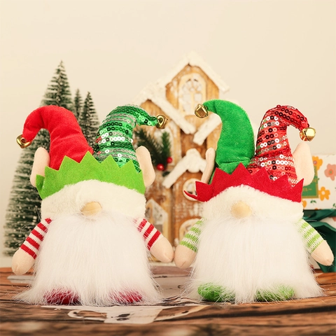 Bambola di Peluche Gnomo di Natale a LED Con Cappello di Paillettes Campanello d'Oro Maniche a Righe Rudolf Senza Volto