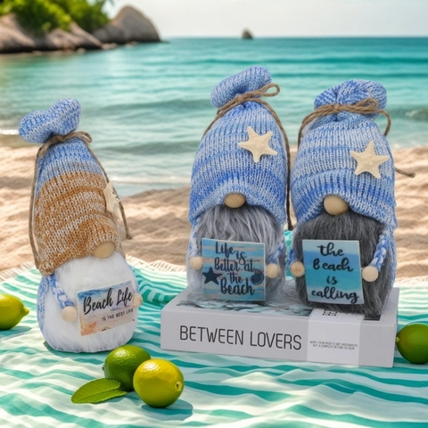 Muñeco de Peluche de Gnomo Sin Rostro con Temática de Playa Gorro de Punto con Estrella de Mar y Letrero de Madera Adorno Decorativo de Gnomo para Fiesta de Verano