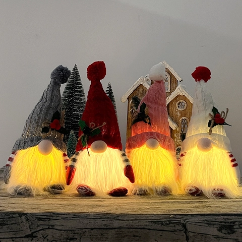 Christmas Glowing Gnome Doll Handmade Knitted Hat Tomte Ornament With LED Warm Light For Holiday Home Table Decor Gifts