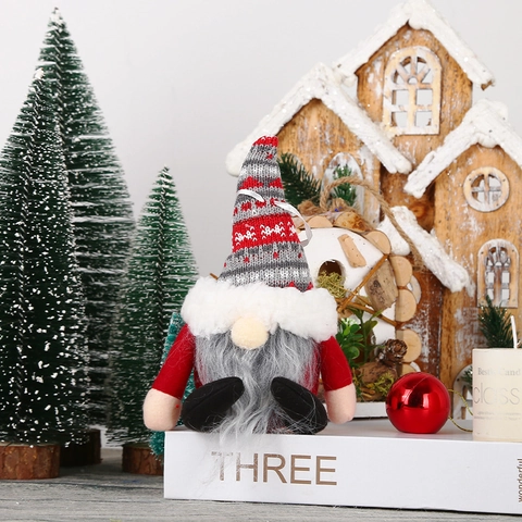 Gnome de Noël Bonnet en Tricot Écossais Ornement Suspendu Longue Barbe Tomte Figurine pour Décoration d'Arbre Cadeau Noël