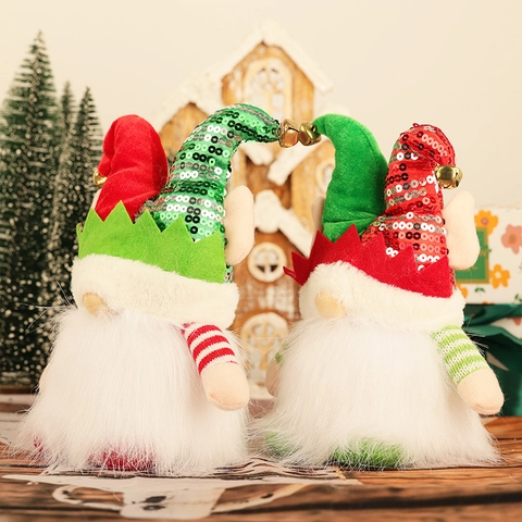 Bambola di Peluche Gnomo di Natale a LED Con Cappello di Paillettes Campanello d'Oro Maniche a Righe Rudolf Senza Volto